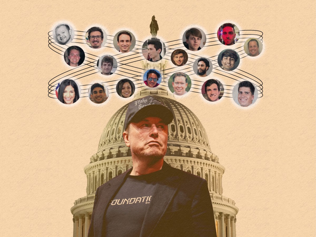 Uma ilustração de Elon Musk ficou em frente a um gráfico do Capitólio dos EUA, com vários rostos em torno de Musk daqueles que estão em seu círculo interno, incluindo membros do Doge.